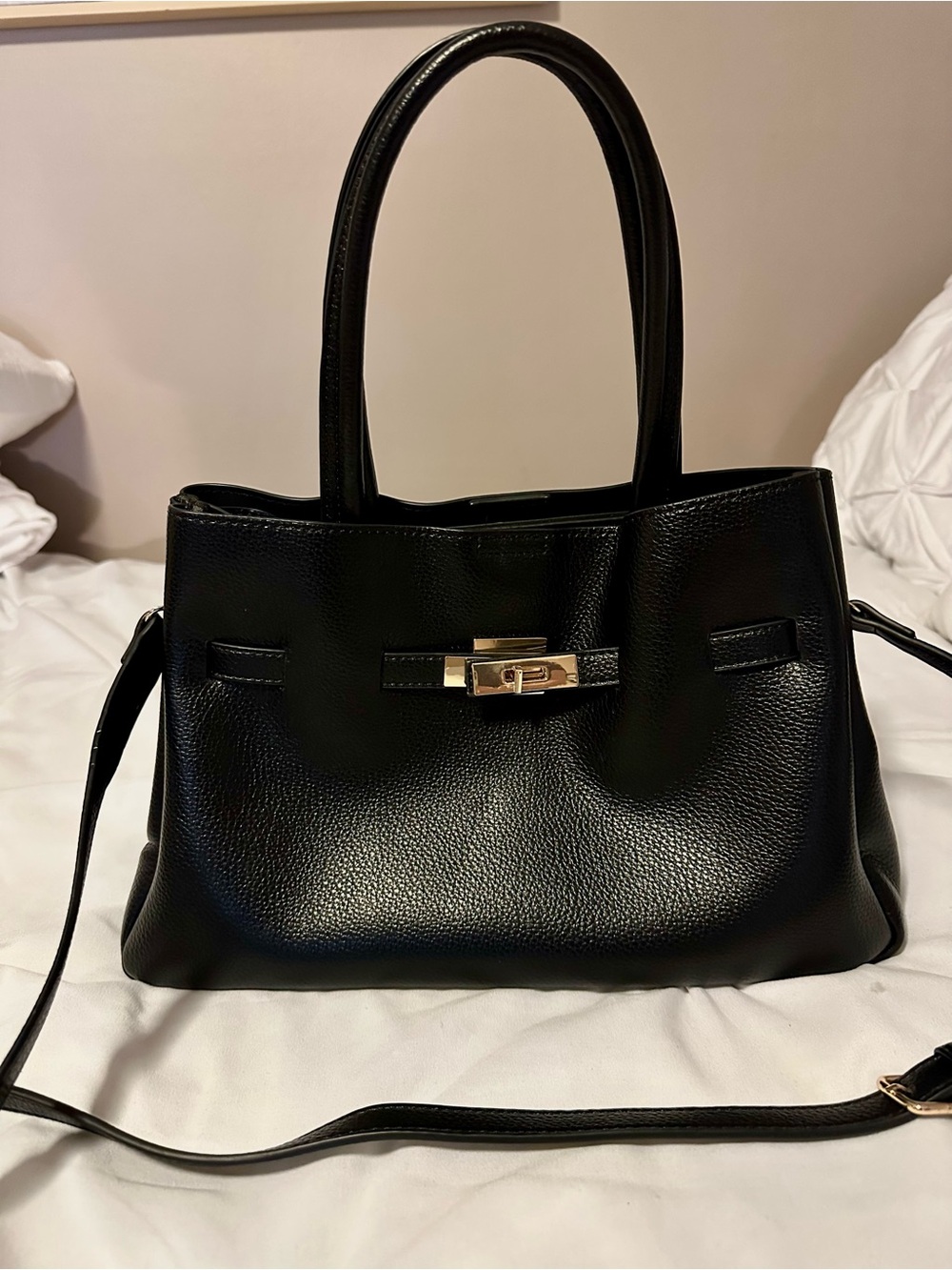 Classic Black Leather Shoulder Bag with Gold Hardware